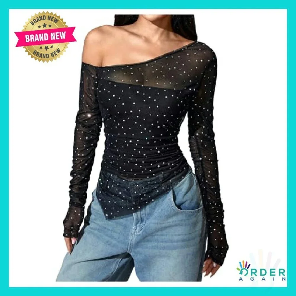 Sequin Sheer Top One Shoulder Ruched Long Sleeve Tee Chic Party Wear